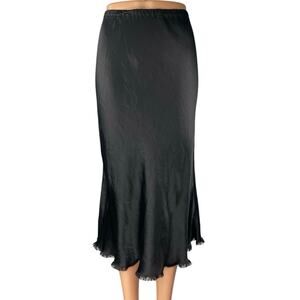 Pharaoh Riley Black Silky Satin Fringe Elastic Waist Pull On Midi A-Line Skirt 1